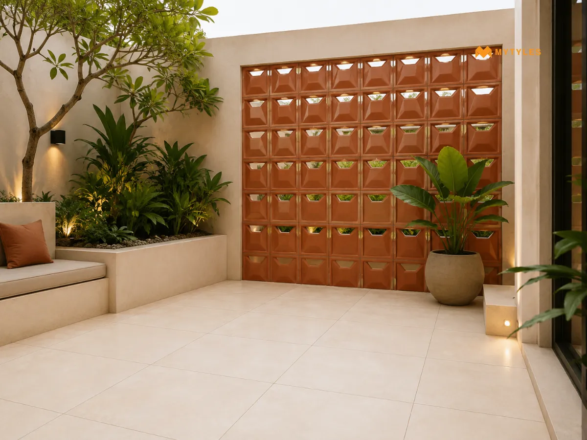 Terracotta Jali with Ivory Tiles for a Modern Courtyard